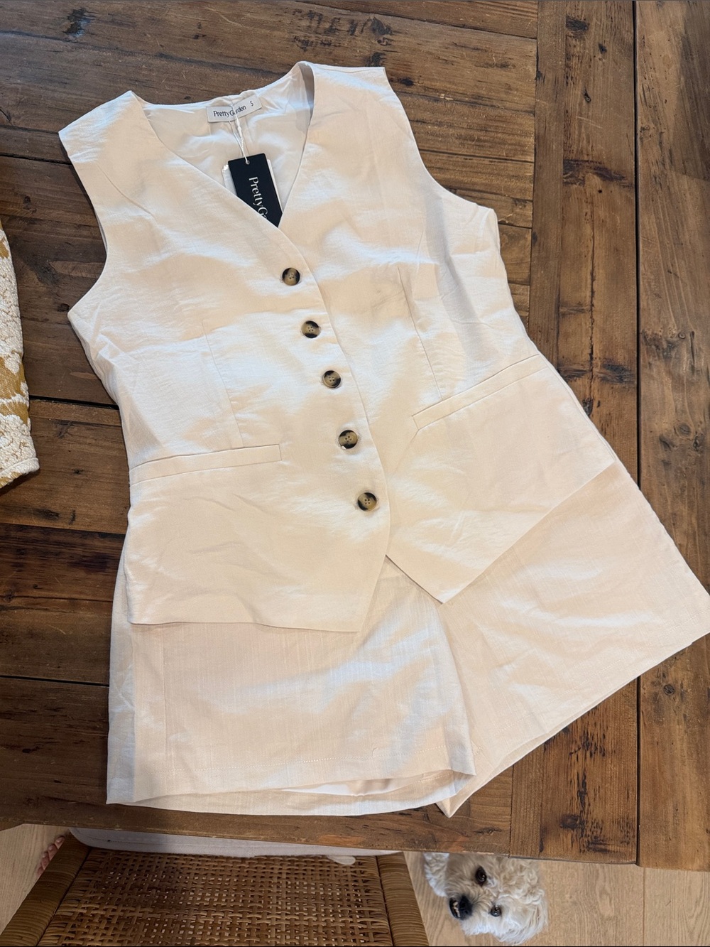 Cream Sleeveless Button Vest and Shorts